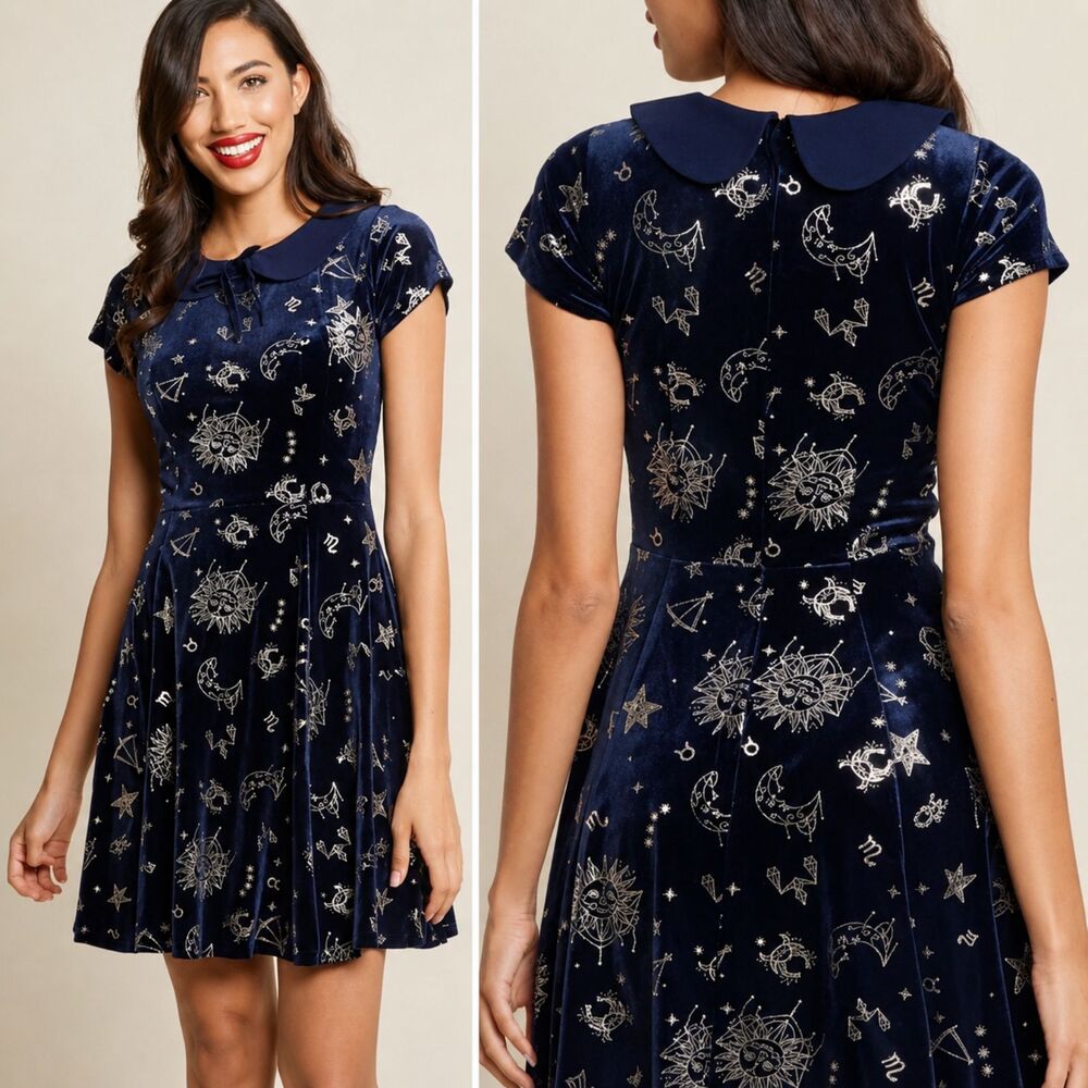 ModCloth X Collectif Zodiac Velvet Florence Skater Dress Blue L